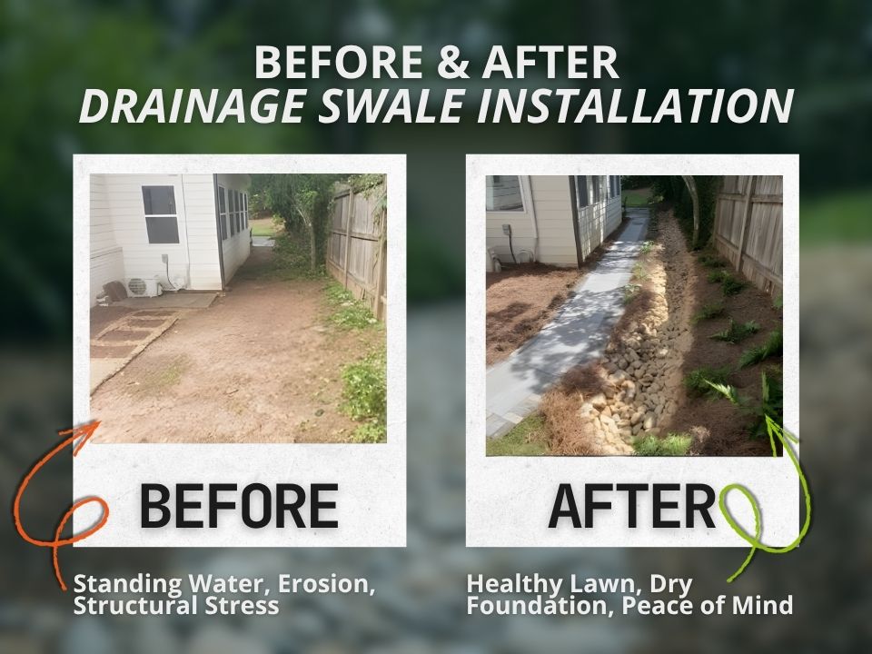 before and after drainage swale installation by a professional
